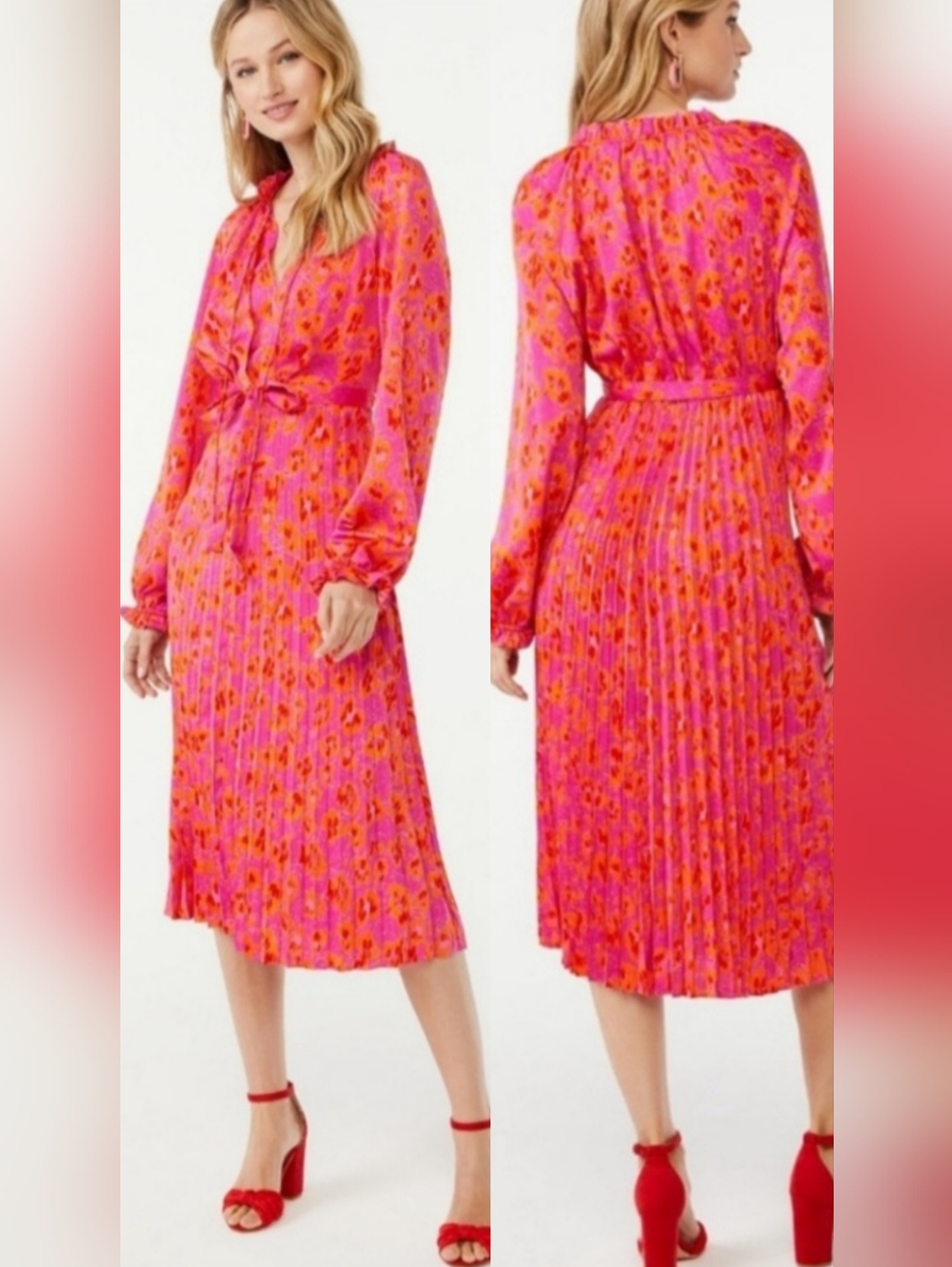 Scoop Floral Abstract Pleated Tie Belted Midi Dress